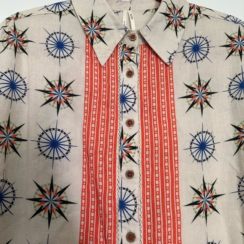 By Anthropologie Short-Sleeve Linen Buttondown Shirt Star Geometric Print Sz XS - Picture 6 of 10